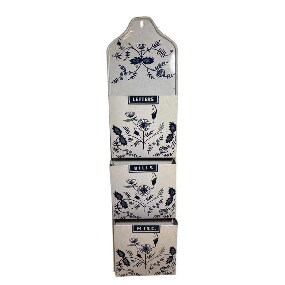 Metal Wall Organizer For Letters Bills & Misc Blue Floral Design Vintage 19.5"